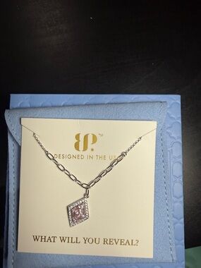 BP Silver-Tone Necklace with Pink Square Halo Pendant